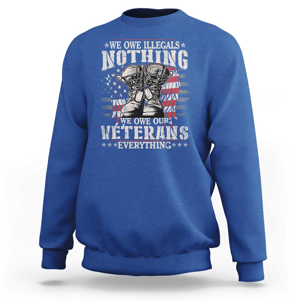 Veterans Day sweatshirt in royal blue with patriotic veteran graphic print.