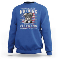 Veterans Day sweatshirt in royal blue with patriotic veteran graphic print.