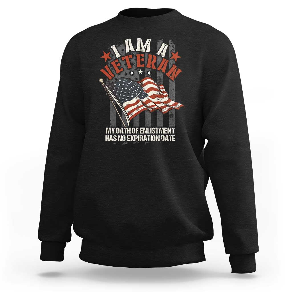 Veteran pride sweatshirt in black with veteran emblem, flag and slogan graphic.