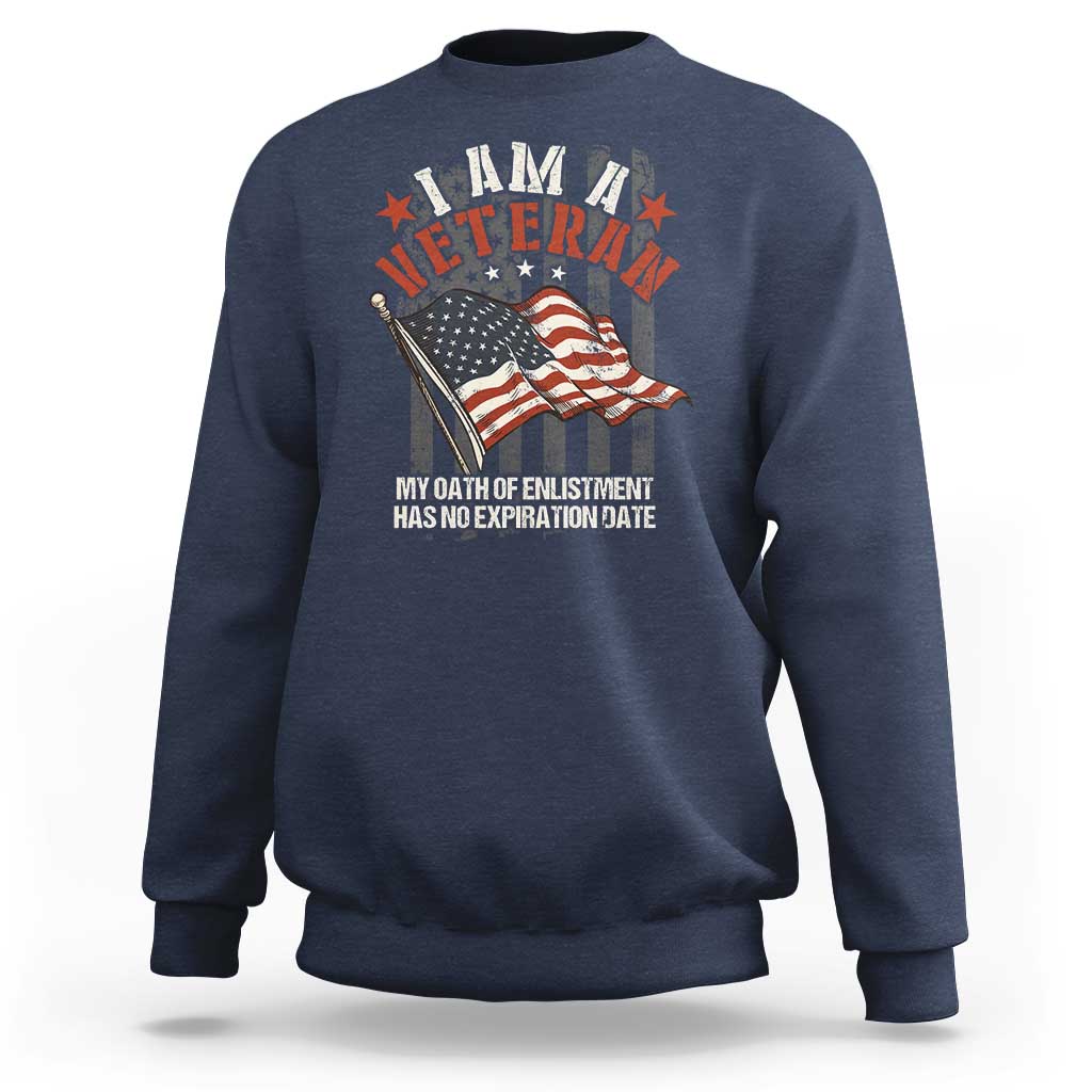 Veteran pride sweatshirt in navy with veteran emblem, flag and slogan graphic.