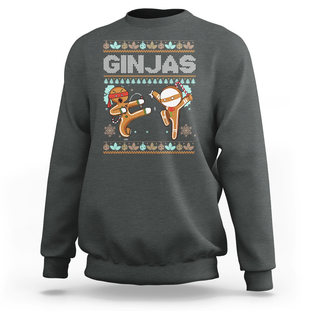 Dark heather gray sweatshirt with festive ninja gingerbread graphic on front