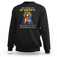 Black crewneck sweatshirt with cat religious graphic and yellow slogan print on back