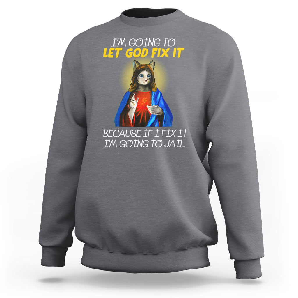 Charcoal gray crewneck sweatshirt with cat religious graphic and yellow slogan print on back