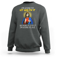 Dark heather gray crewneck sweatshirt with cat religious graphic and yellow slogan print on back