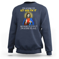 Navy crewneck sweatshirt with cat religious graphic and yellow slogan print on back
