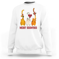 White Christmas cat sweatshirt with colorful cat graphic and “MERRY KISSMYASS” text