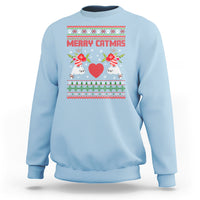 Light blue crewneck Christmas sweatshirt with “Merry Catmas” cat graphic and festive border