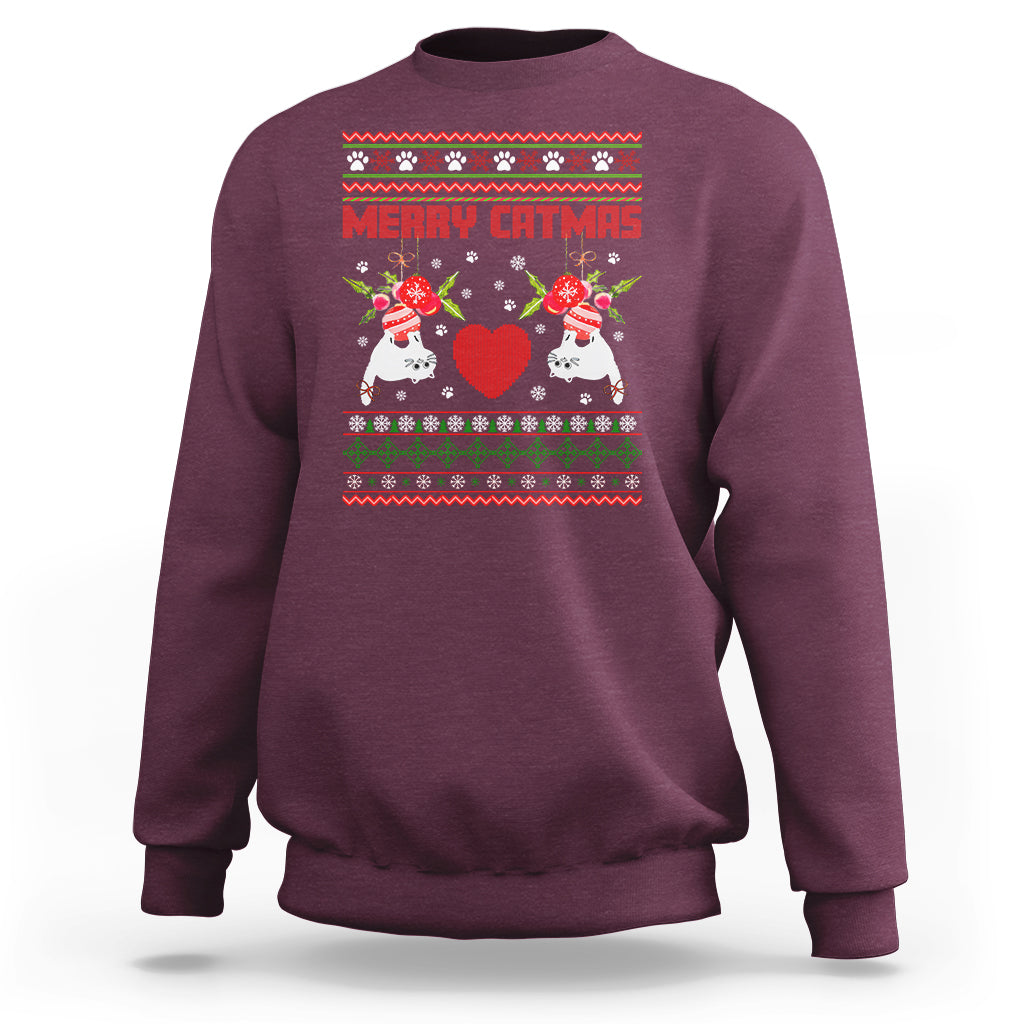Maroon crewneck Christmas sweatshirt with “Merry Catmas” cat graphic and festive border