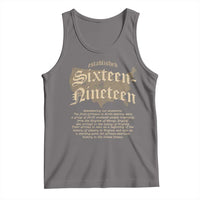 Dark gray graphic tank top with Sixteen-Nineteen front print