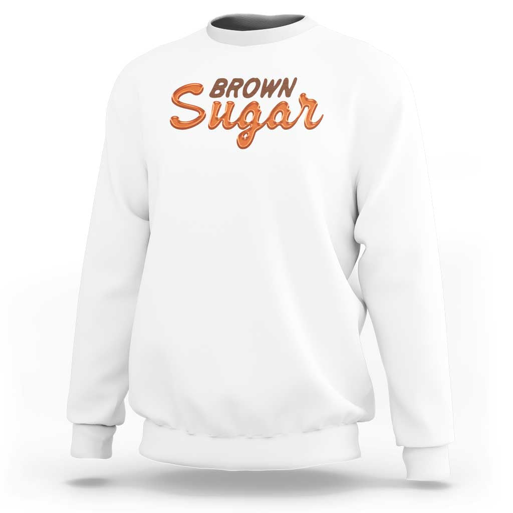 Men's white crewneck sweatshirt with orange 'BROWN Sugar' logo on chest