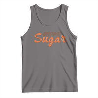 Heather gray tank top with orange Brown Sugar graphic