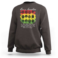 Charcoal crewneck sweatshirt with colorful “Our Ancestors” graphic on front
