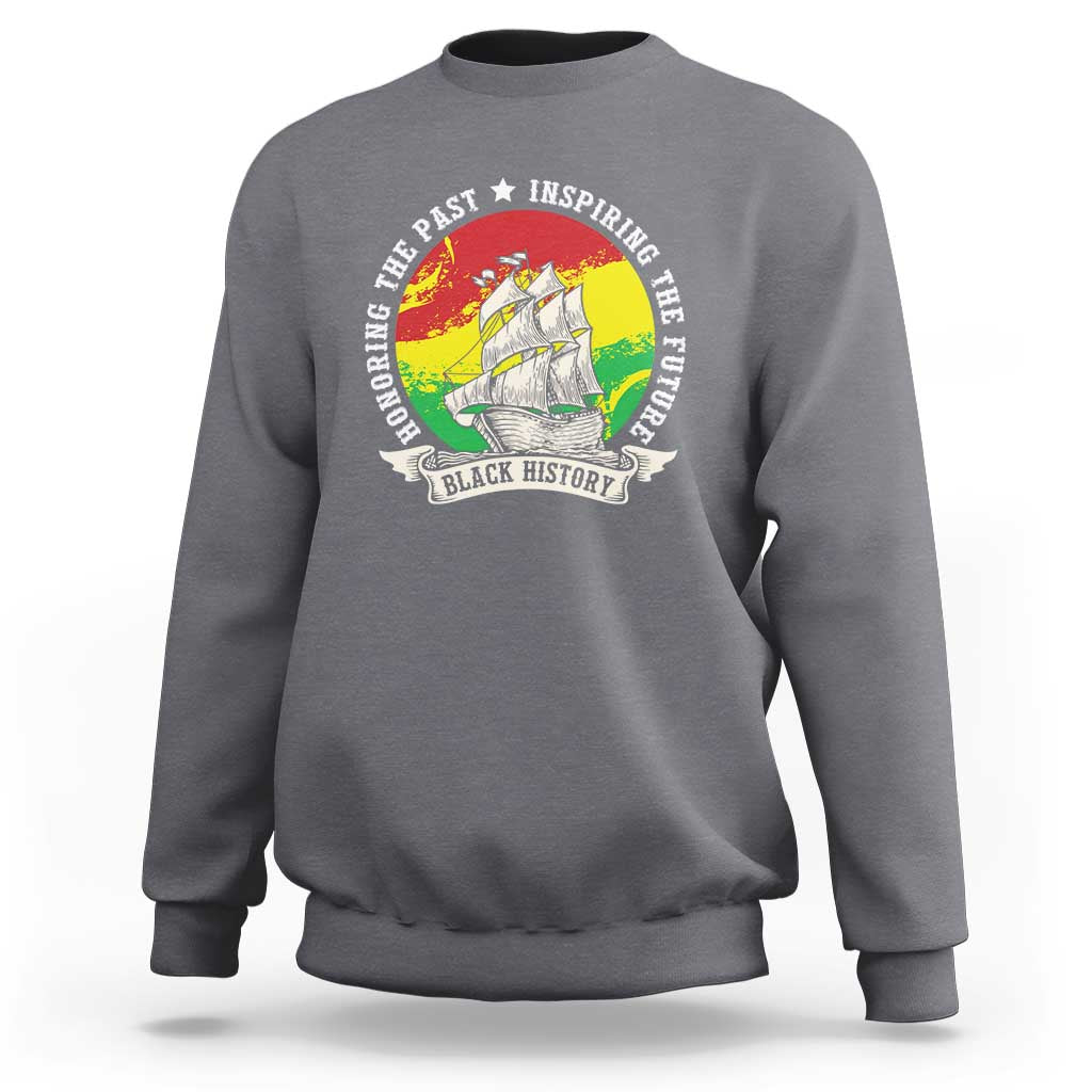 Gray crewneck sweatshirt with front circular rainbow ship graphic