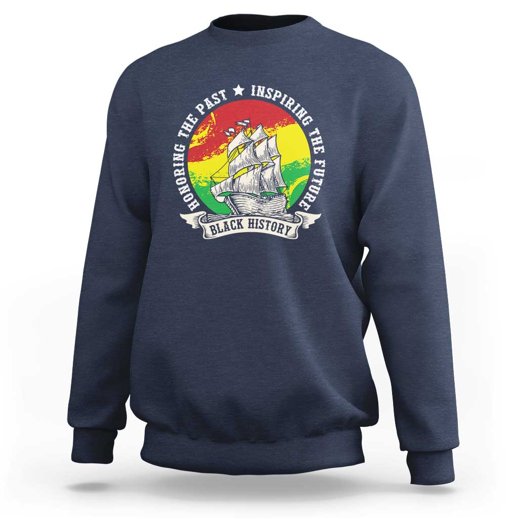 Navy crewneck sweatshirt with front circular rainbow ship graphic