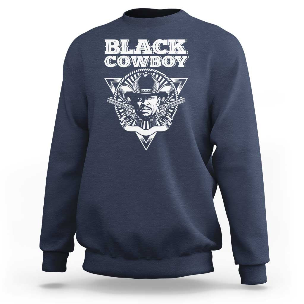 Navy crewneck sweatshirt with "Black Cowboy" graphic on the chest