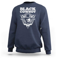 Navy crewneck sweatshirt with "Black Cowboy" graphic on the chest