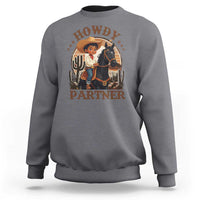 Heather gray crewneck sweatshirt with 'Howdy Partner' western rider and cactus graphic