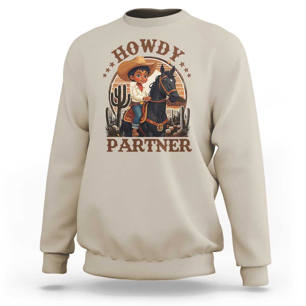 Sand beige crewneck sweatshirt with 'Howdy Partner' western rider and cactus graphic