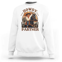 White crewneck sweatshirt with 'Howdy Partner' western rider and cactus graphic