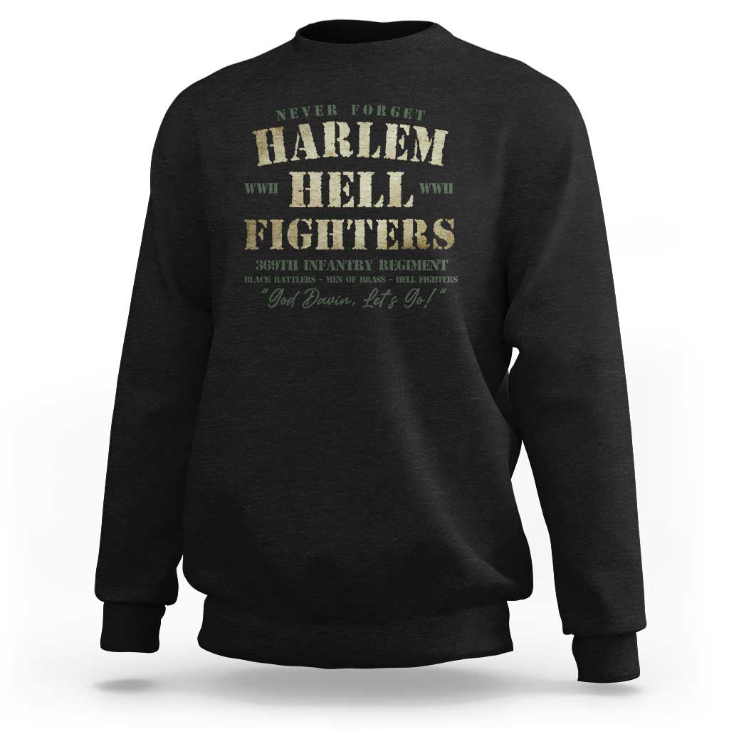 Black crewneck sweatshirt with "Harlem Hell Fighters" graphic on front.