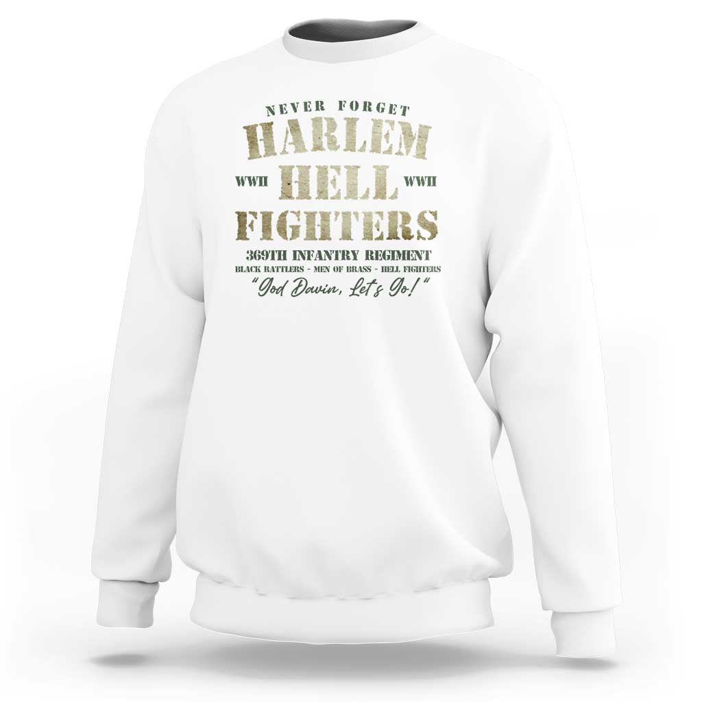 White crewneck sweatshirt with "Harlem Hell Fighters" graphic on front.