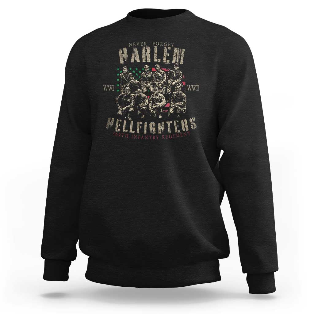 Black crewneck sweatshirt with soldiers graphic on back, ribbed cuffs and hem