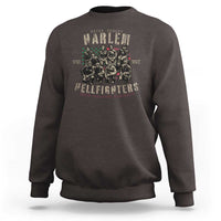 Dark chocolate crewneck sweatshirt with soldiers graphic on back, ribbed cuffs and hem
