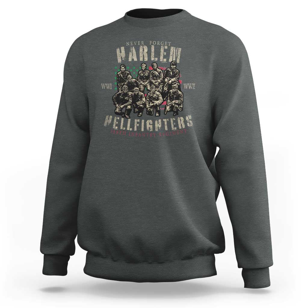 Dark green crewneck sweatshirt with soldiers graphic on back, ribbed cuffs and hem