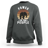 Dark heather sweatshirt with “POWER TO THE PEOPLE” panther graphic on front