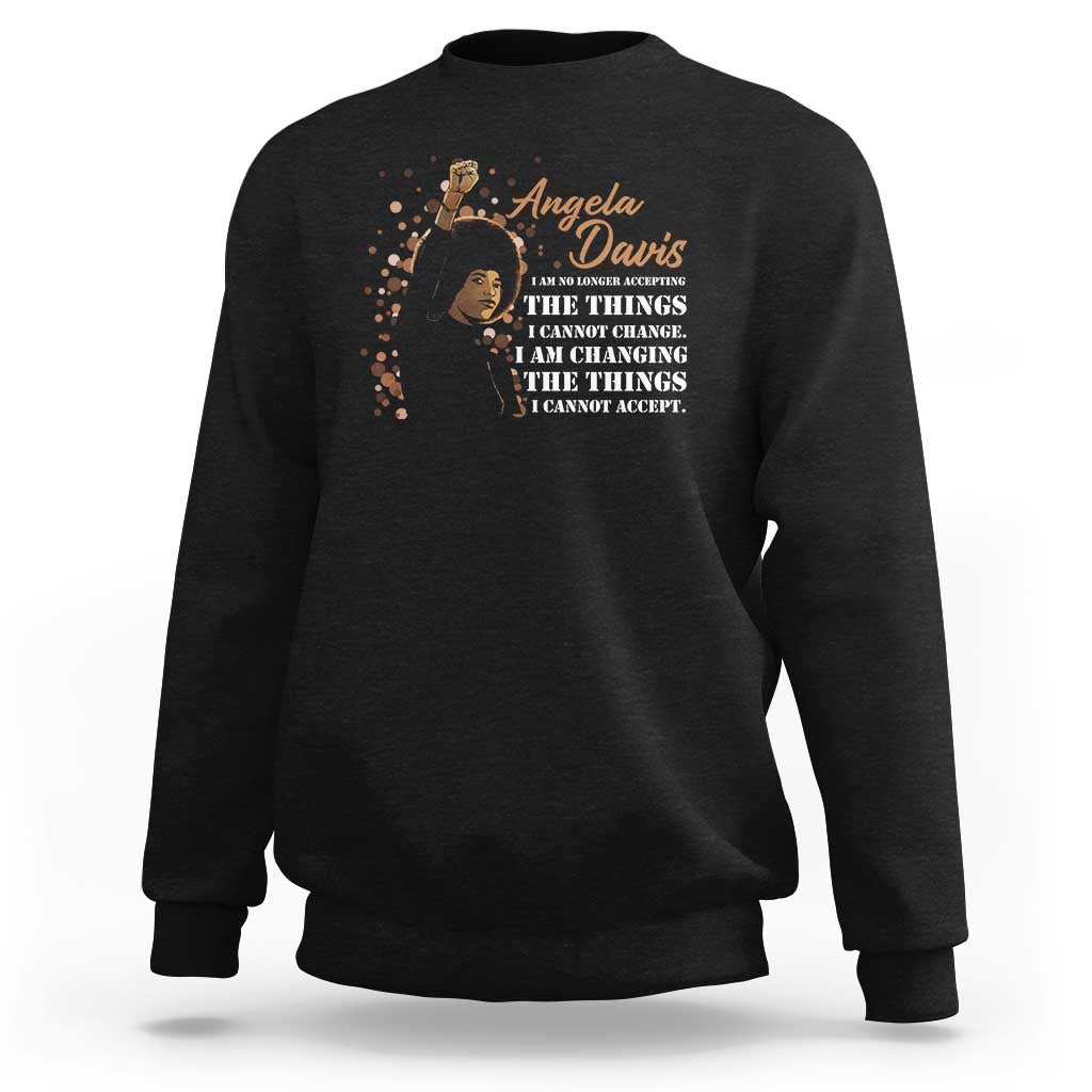 Black crewneck sweatshirt with Angela Davis graphic and activist quote print on chest