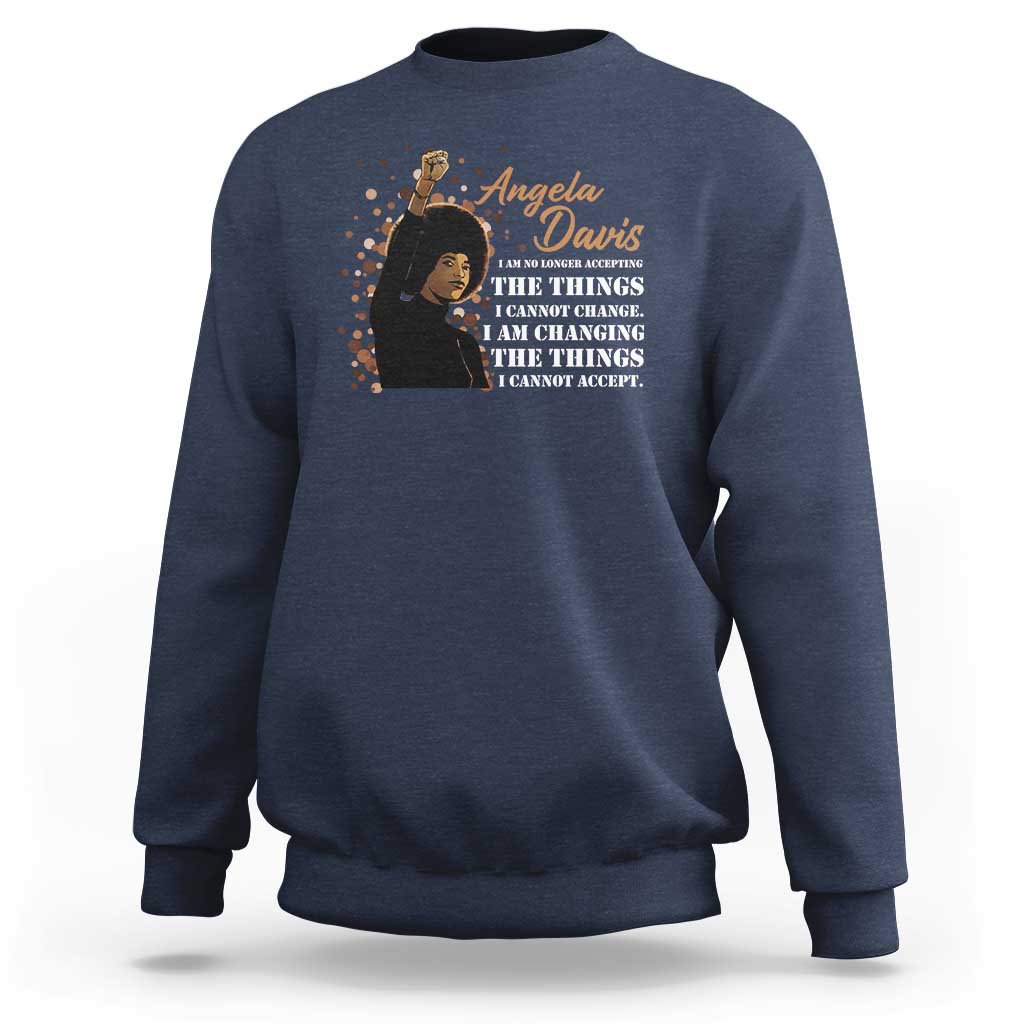 Navy crewneck sweatshirt with Angela Davis graphic and activist quote print on chest