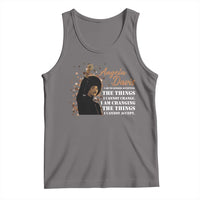 Heather gray tank top with Angela Davis portrait and bold quote graphic at center