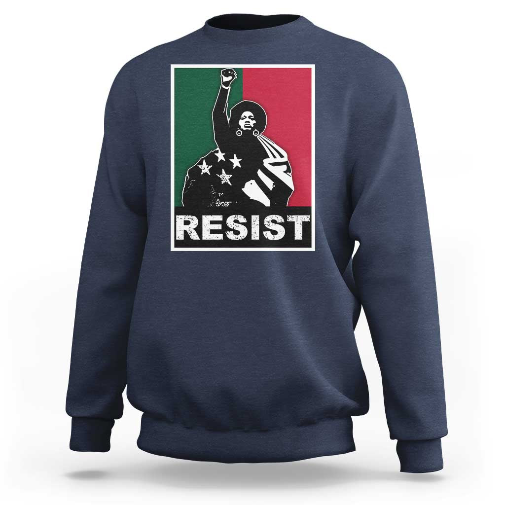 Navy crewneck sweatshirt with “RESIST” graphic and raised-fist activist artwork.