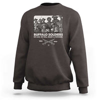 Dark chocolate crewneck sweatshirt with Buffalo Soldiers front graphic and dates 1866–1944