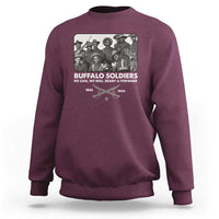 Maroon crewneck sweatshirt with Buffalo Soldiers front graphic and dates 1866–1944