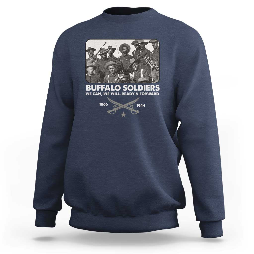 Navy crewneck sweatshirt with Buffalo Soldiers front graphic and dates 1866–1944