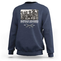 Navy crewneck sweatshirt with Buffalo Soldiers front graphic and dates 1866–1944
