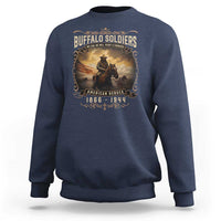 Men's navy sweatshirt with front graphic featuring Buffalo Soldiers and cavalry emblem