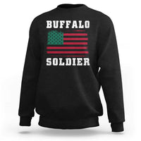 Black crewneck sweatshirt with 'BUFFALO SOLDIER' graphic and flag print on back
