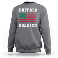 Charcoal crewneck sweatshirt with 'BUFFALO SOLDIER' graphic and flag print on back