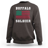 Charcoal-brown crewneck sweatshirt with 'BUFFALO SOLDIER' graphic and flag print on back