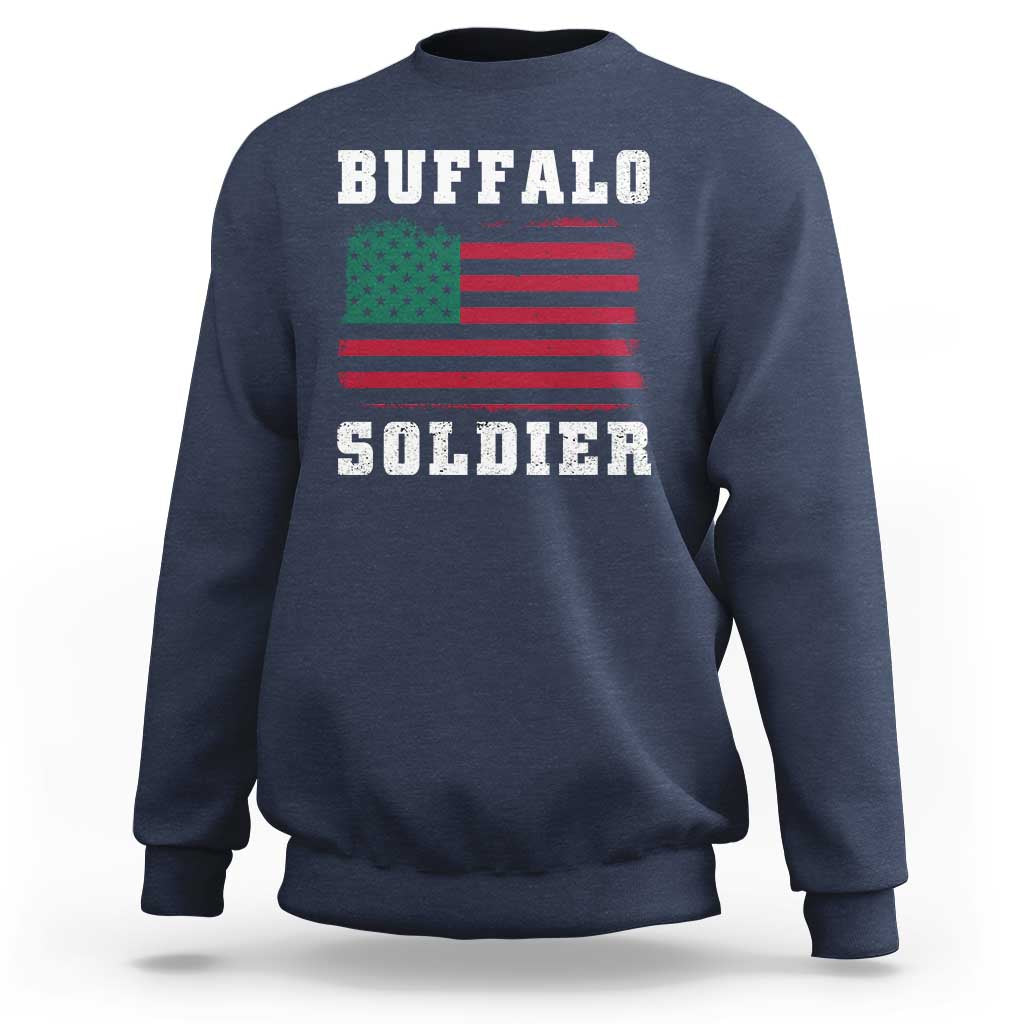 Navy crewneck sweatshirt with 'BUFFALO SOLDIER' graphic and flag print on back