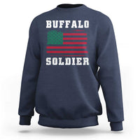 Navy crewneck sweatshirt with 'BUFFALO SOLDIER' graphic and flag print on back