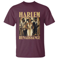 Maroon Harlem Renaissance graphic T-shirt with 'HARLEM' and 'RENAISSANCE' front print