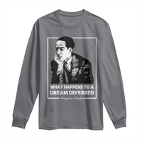 Charcoal long-sleeve shirt with front portrait graphic and "Dream Deferred" quote.