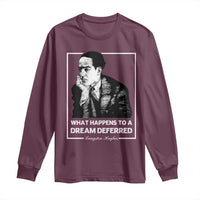 Maroon long-sleeve shirt with front portrait graphic and "Dream Deferred" quote.