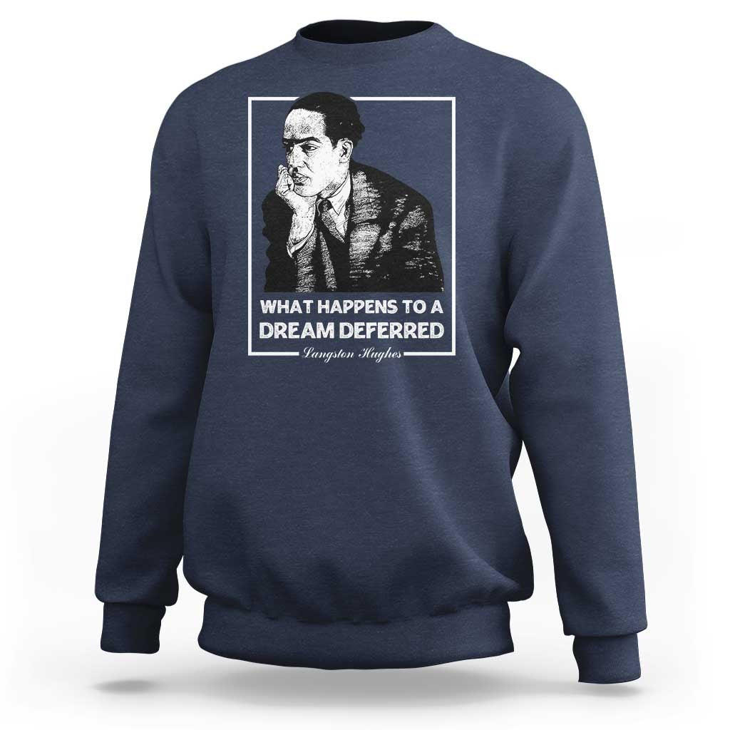 Navy crewneck sweatshirt with front portrait graphic and quote text