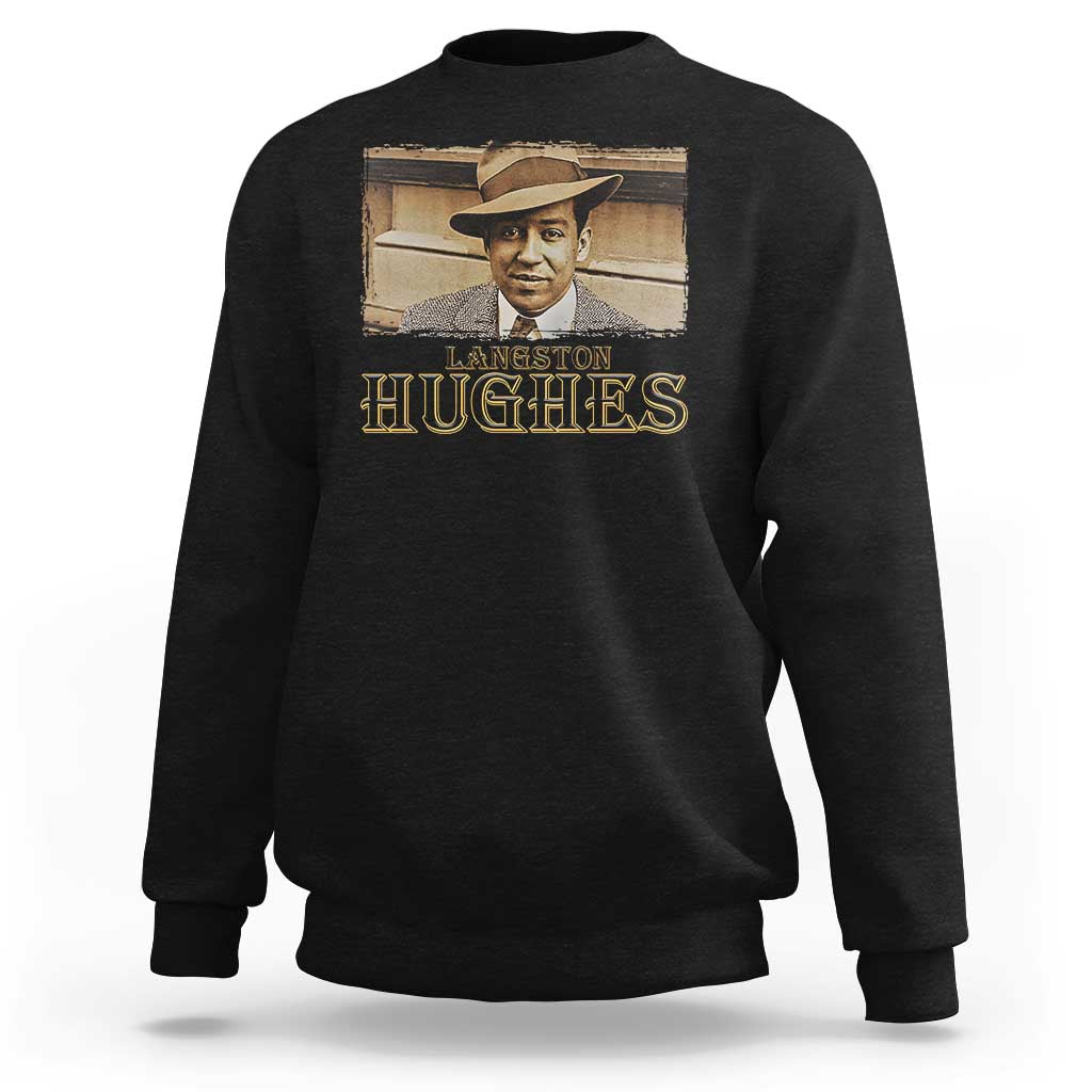 Black sweatshirt with “Langston Hughes” portrait graphic on the front.