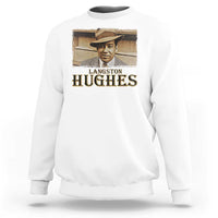 White sweatshirt with “Langston Hughes” portrait graphic on the front.