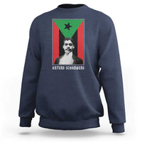 Navy crewneck sweatshirt with Arturo Schomburg front graphic, ribbed cuffs and hem
